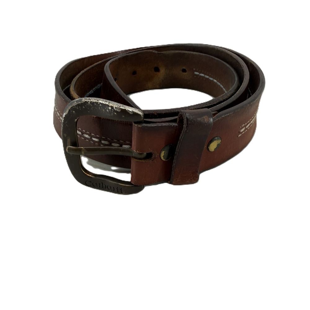 Carhartt Leather Belt Mens 44 Brown Contrast Stitch Distressed Workwear